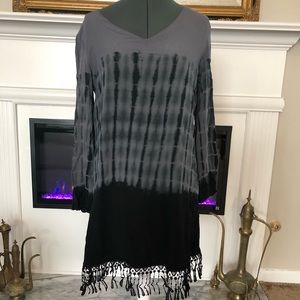 Fringed Black & Grey Tie-Dyed Blouse - Size M